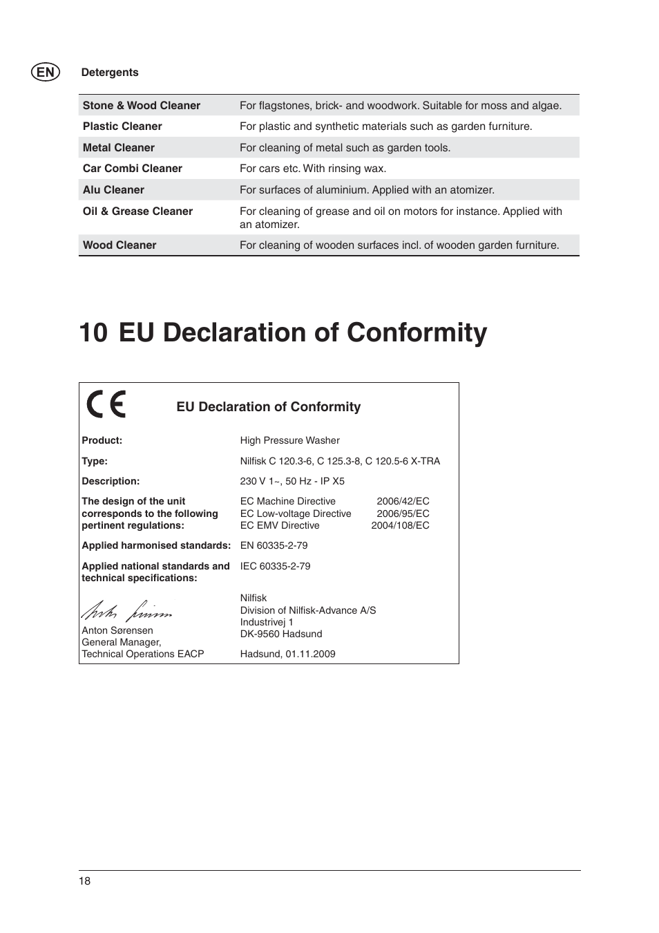 10 eu declaration of conformity | Nilfisk-Advance America C 125.3 User Manual | Page 18 / 20