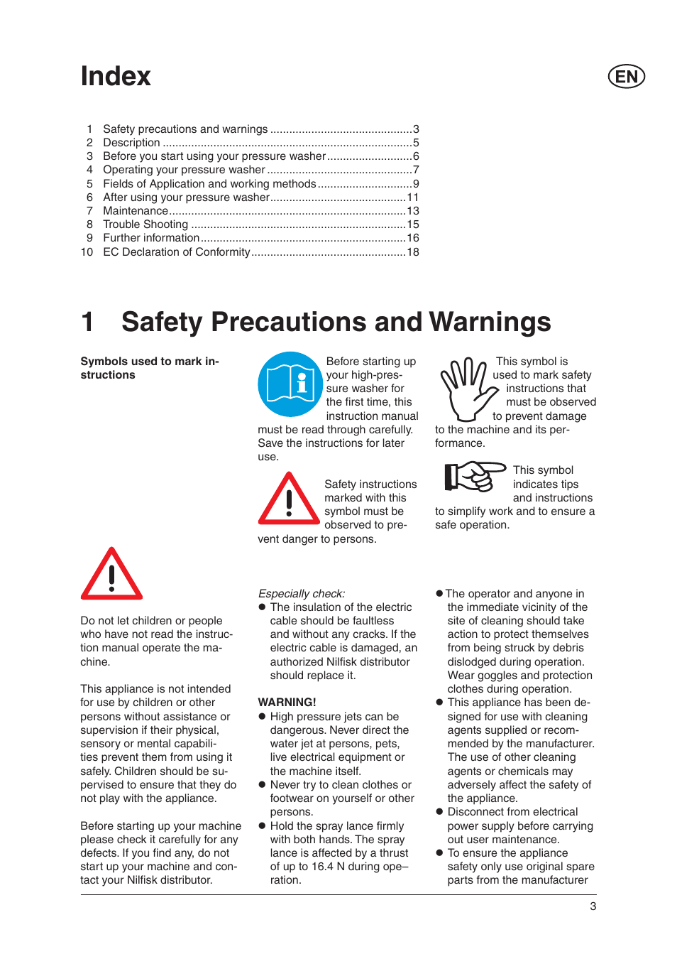 Index, 1 safety precautions and warnings | Nilfisk-Advance America C 125.3 User Manual | Page 3 / 20
