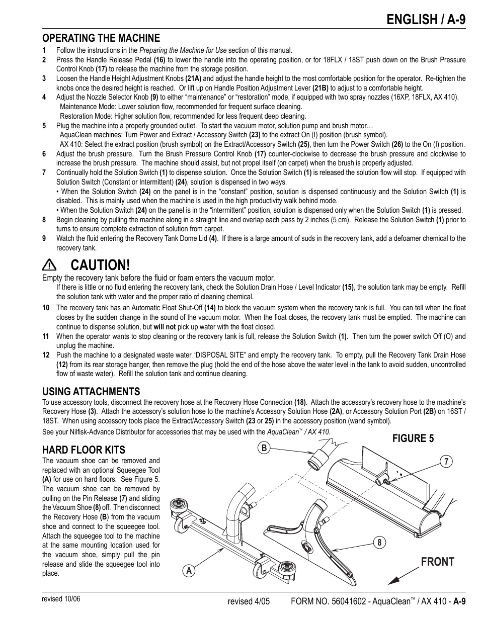 Caution, English / a-9, Front | Operating the machine, Using attachments, Hard floor kits, Figure 5 | Nilfisk-Advance America 18ST User Manual | Page 11 / 32