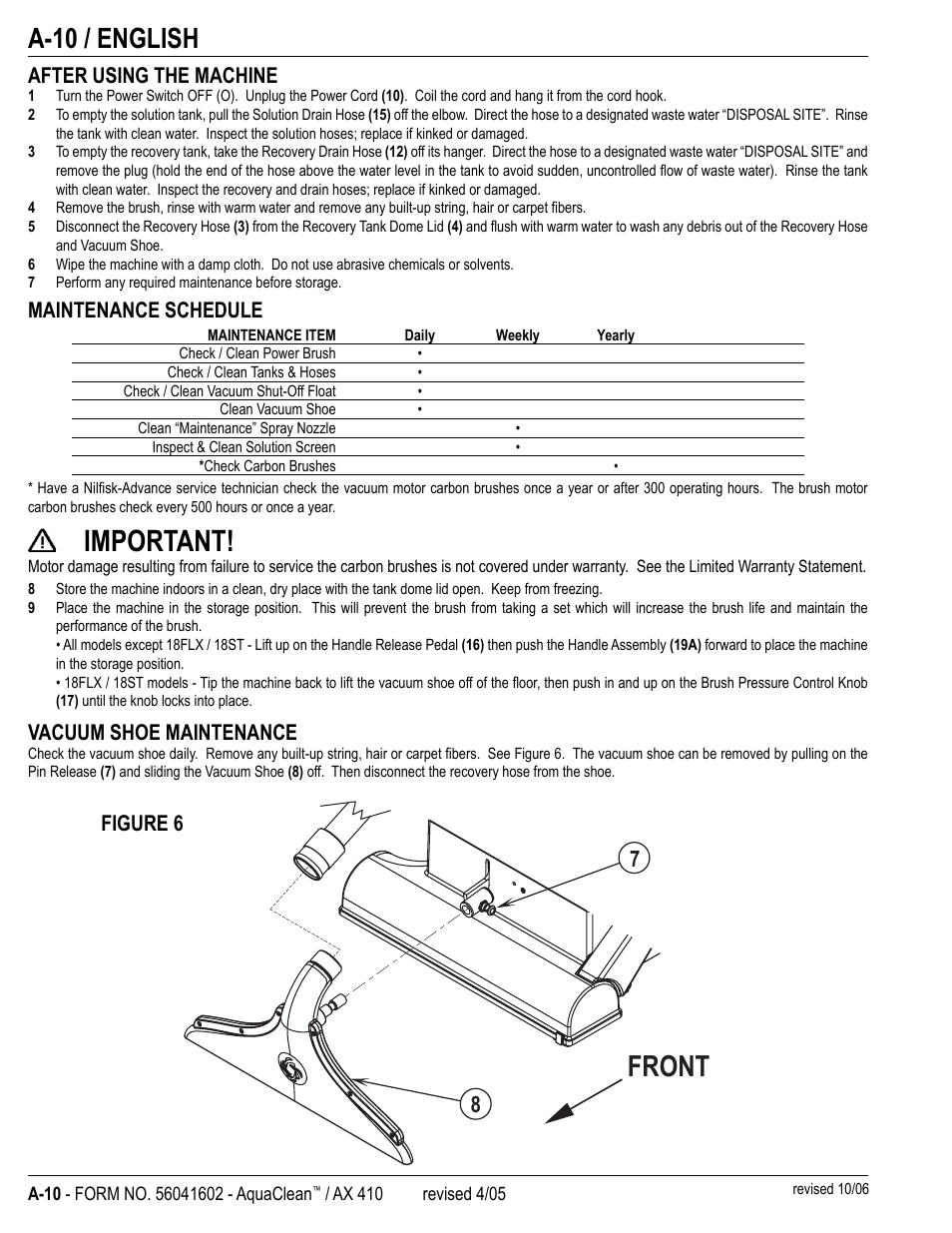 Important, Front, A-10 / english | After using the machine, Maintenance schedule, Vacuum shoe maintenance, Figure 6 | Nilfisk-Advance America 18ST User Manual | Page 12 / 32