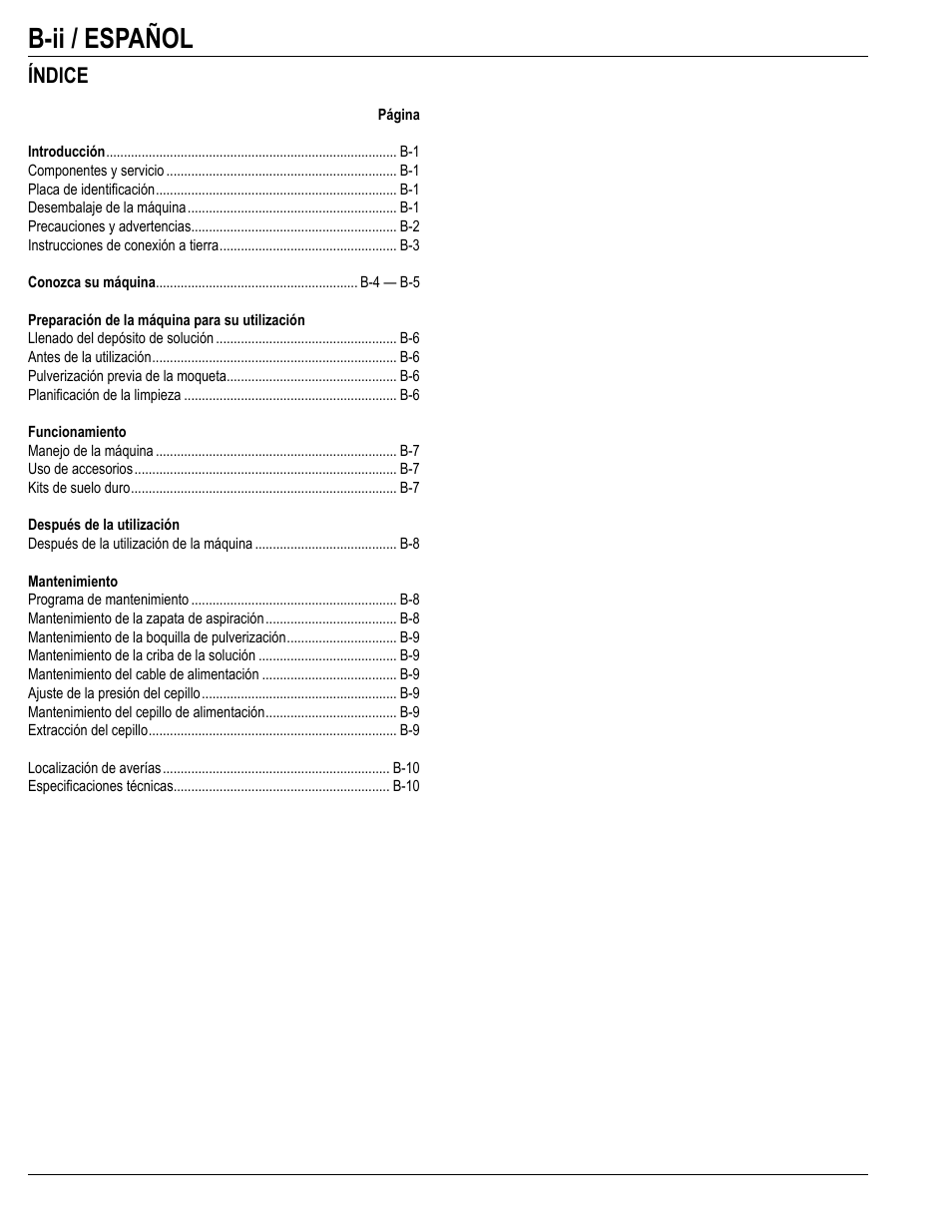B-ii / español, Índice | Nilfisk-Advance America 18ST User Manual | Page 16 / 32