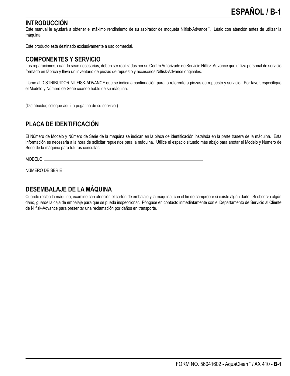 Español / b-1, Introducción, Componentes y servicio | Placa de identificación, Desembalaje de la máquina | Nilfisk-Advance America 18ST User Manual | Page 17 / 32