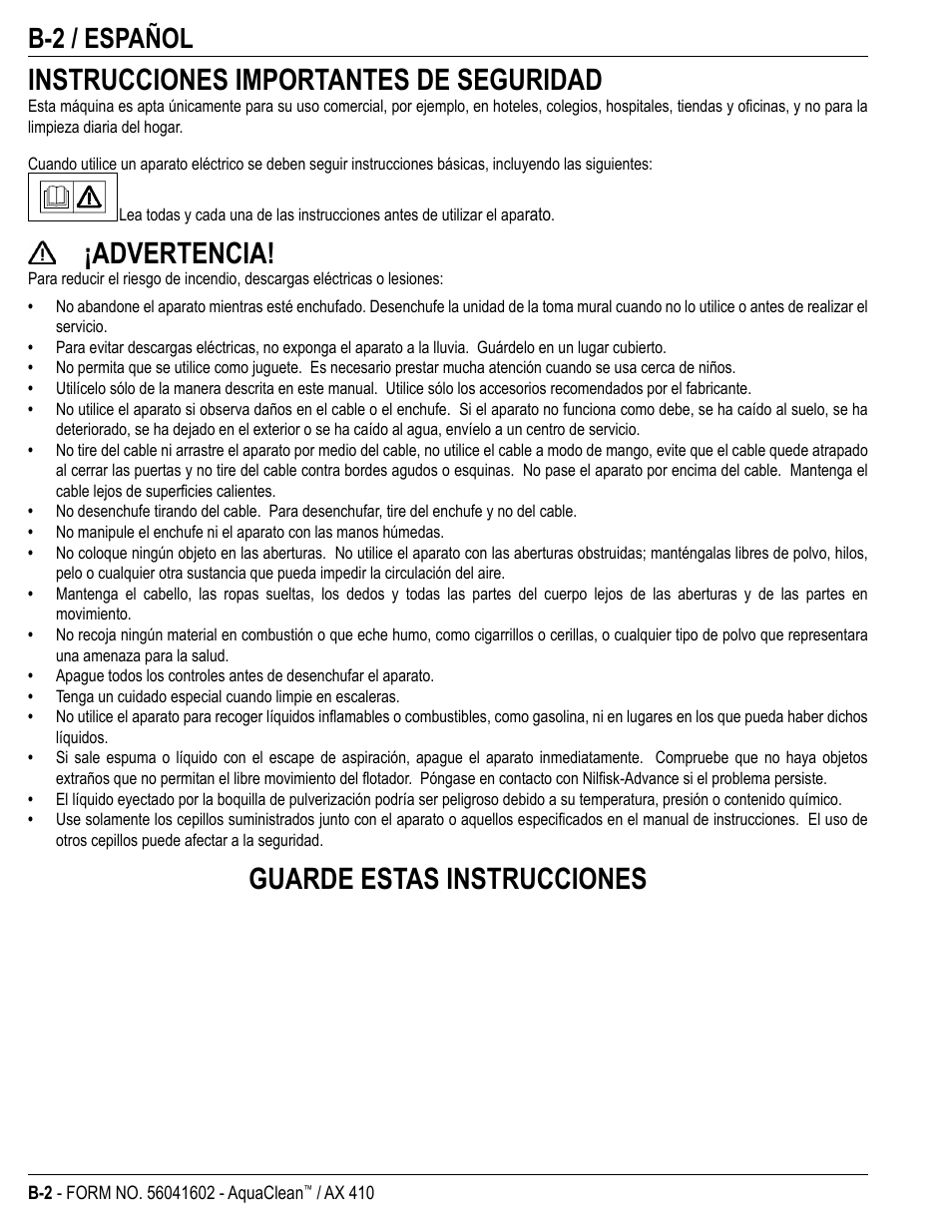 Instrucciones importantes de seguridad, Advertencia, Guarde estas instrucciones | B-2 / español | Nilfisk-Advance America 18ST User Manual | Page 18 / 32