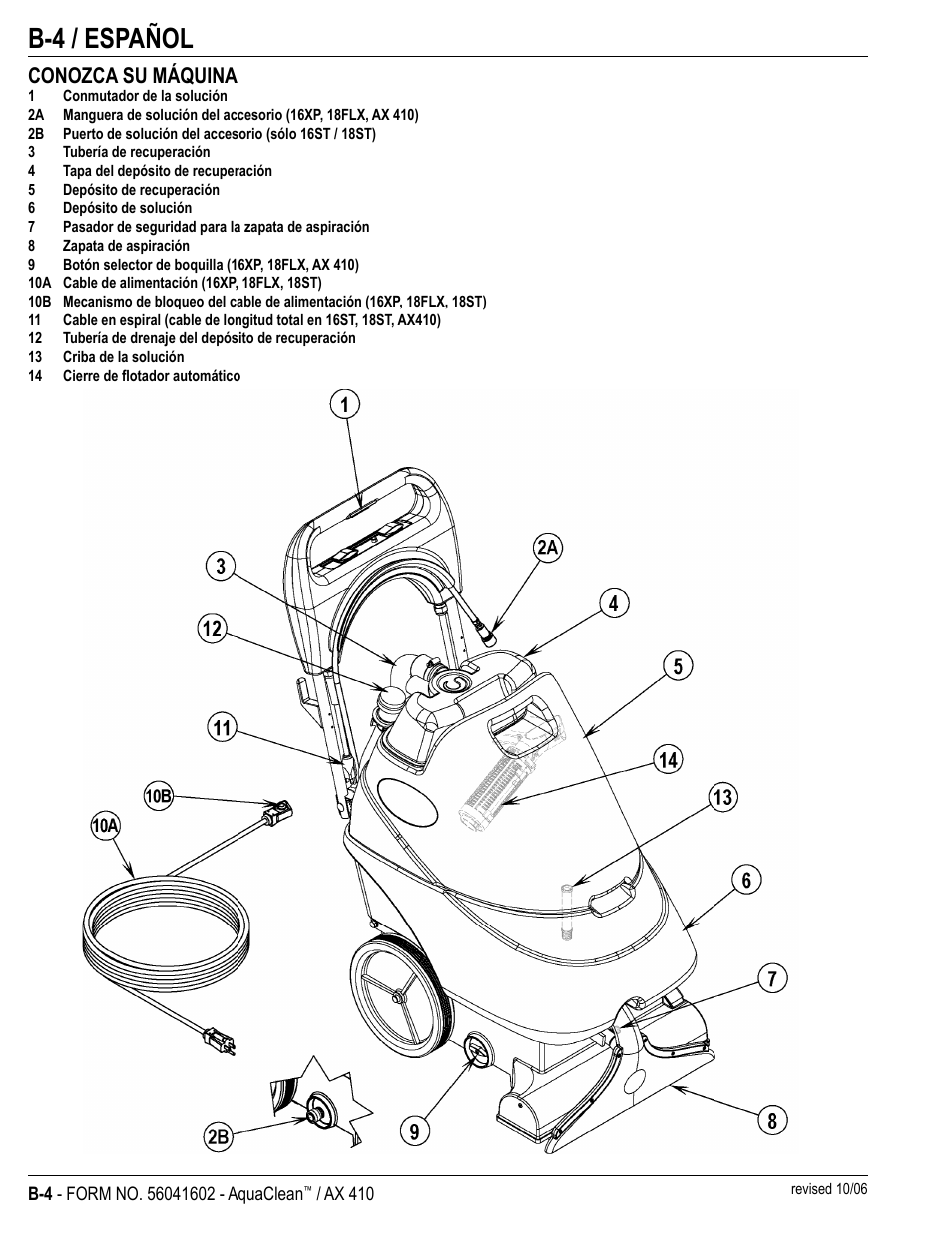 B-4 / español, Conozca su máquina | Nilfisk-Advance America 18ST User Manual | Page 20 / 32