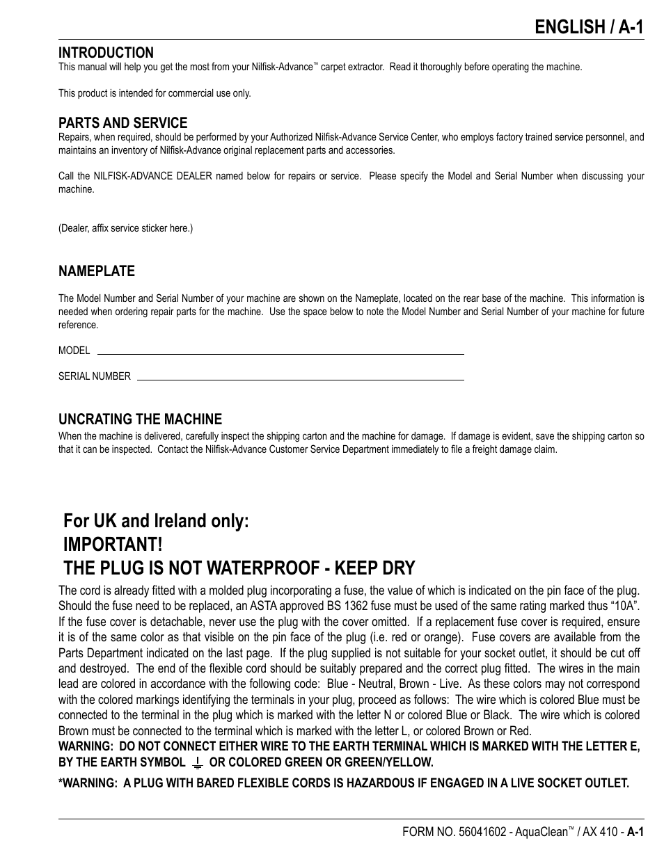 English / a-1, Introduction, Parts and service | Nameplate, Uncrating the machine | Nilfisk-Advance America 18ST User Manual | Page 3 / 32