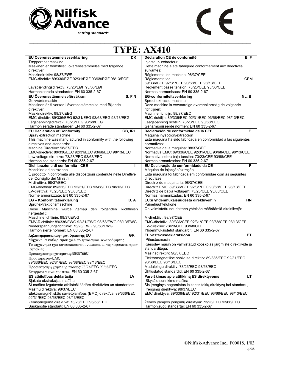 Type: ax410 | Nilfisk-Advance America 18ST User Manual | Page 30 / 32