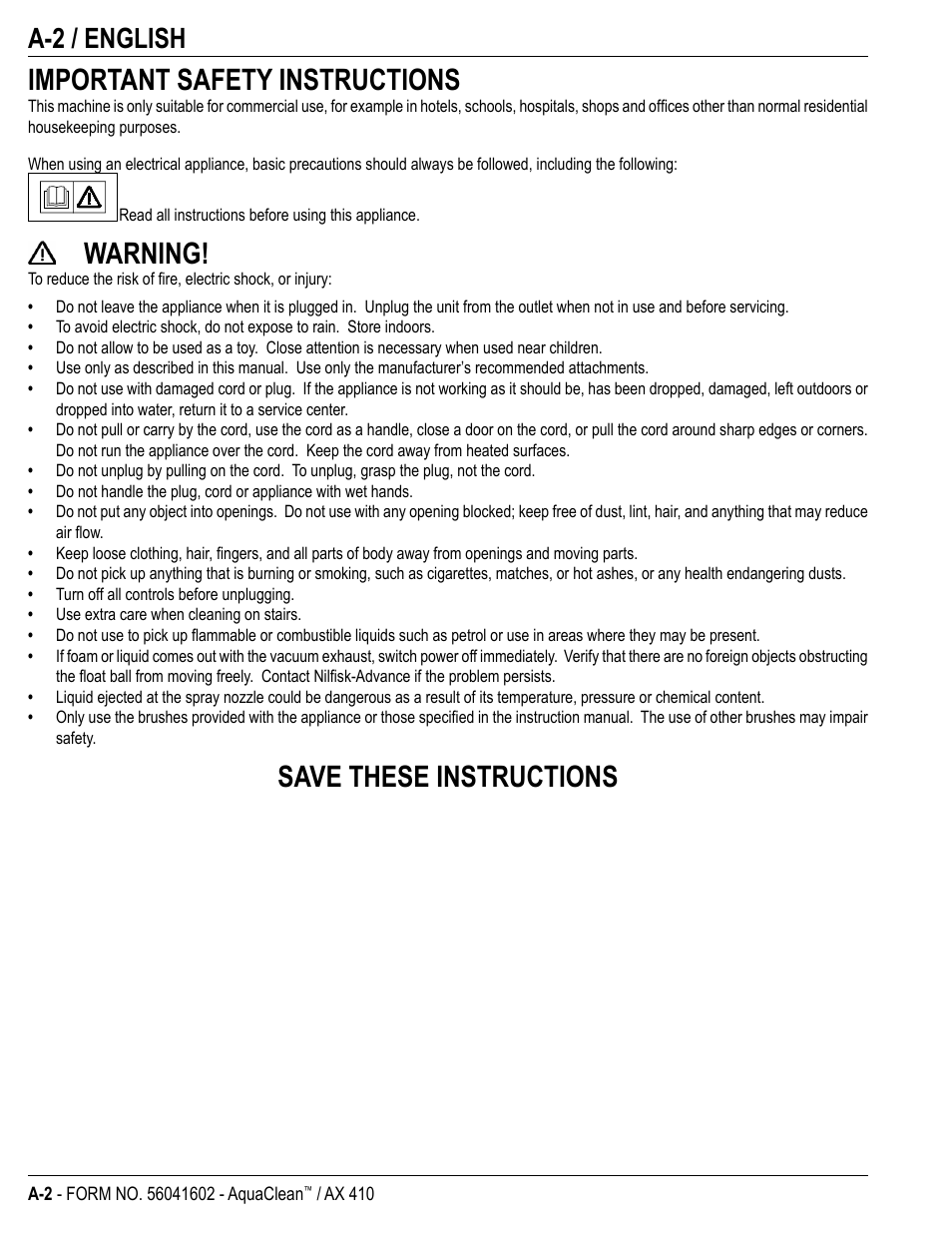 Important safety instructions, Warning, Save these instructions | A-2 / english | Nilfisk-Advance America 18ST User Manual | Page 4 / 32