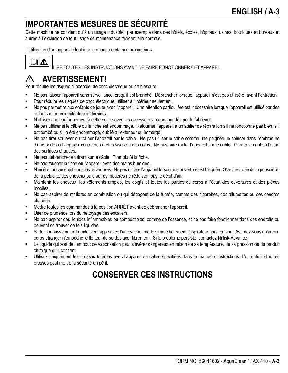 Importantes mesures de sécurité, Avertissement, Conserver ces instructions | English / a-3 | Nilfisk-Advance America 18ST User Manual | Page 5 / 32