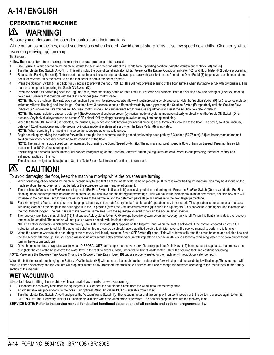 Warning, Caution, A-14 / english | Operating the machine, Wet vacuuming | Nilfisk-Advance America ECOFLEX BR1100S User Manual | Page 14 / 50