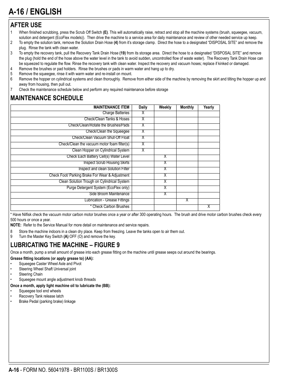 A-16 / english, After use, Maintenance schedule | Lubricating the machine – figure 9 | Nilfisk-Advance America ECOFLEX BR1100S User Manual | Page 16 / 50