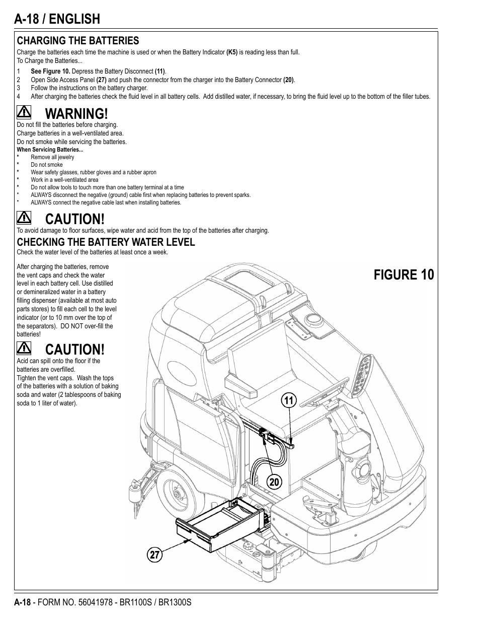 Warning, Caution, A-18 / english | Figure, Charging the batteries, Checking the battery water level | Nilfisk-Advance America ECOFLEX BR1100S User Manual | Page 18 / 50
