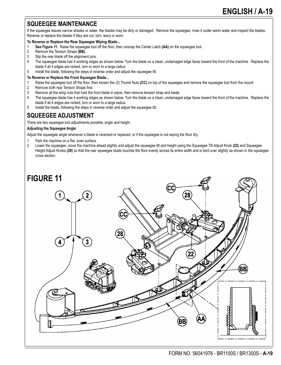 English / a-19, Figure, Squeegee maintenance | Squeegee adjustment | Nilfisk-Advance America ECOFLEX BR1100S User Manual | Page 19 / 50