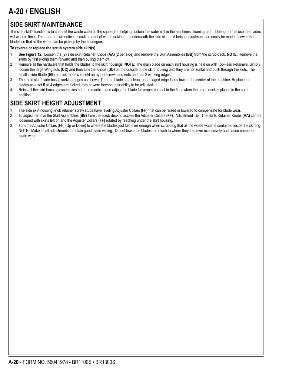 A-20 / english, Side skirt maintenance, Side skirt height adjustment | Nilfisk-Advance America ECOFLEX BR1100S User Manual | Page 20 / 50