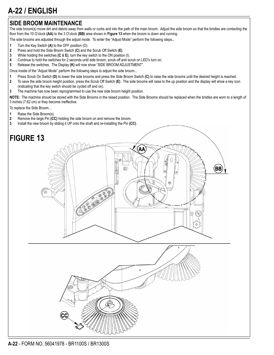 A-22 / english, Figure, Side broom maintenance | Nilfisk-Advance America ECOFLEX BR1100S User Manual | Page 22 / 50