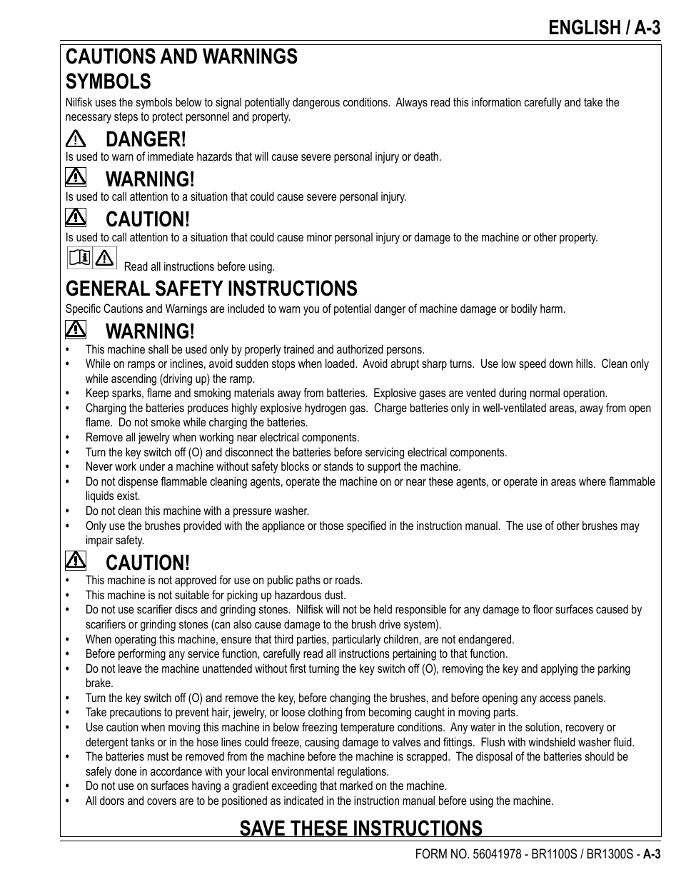 Cautions and warnings symbols, Danger, Warning | Caution, General safety instructions, Save these instructions, English / a-3 | Nilfisk-Advance America ECOFLEX BR1100S User Manual | Page 3 / 50