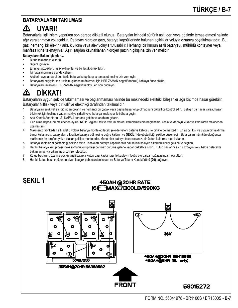 Uyari, Dikkat, Türkçe / b-7 | Şekil, Bataryalarin takilmasi | Nilfisk-Advance America ECOFLEX BR1100S User Manual | Page 31 / 50