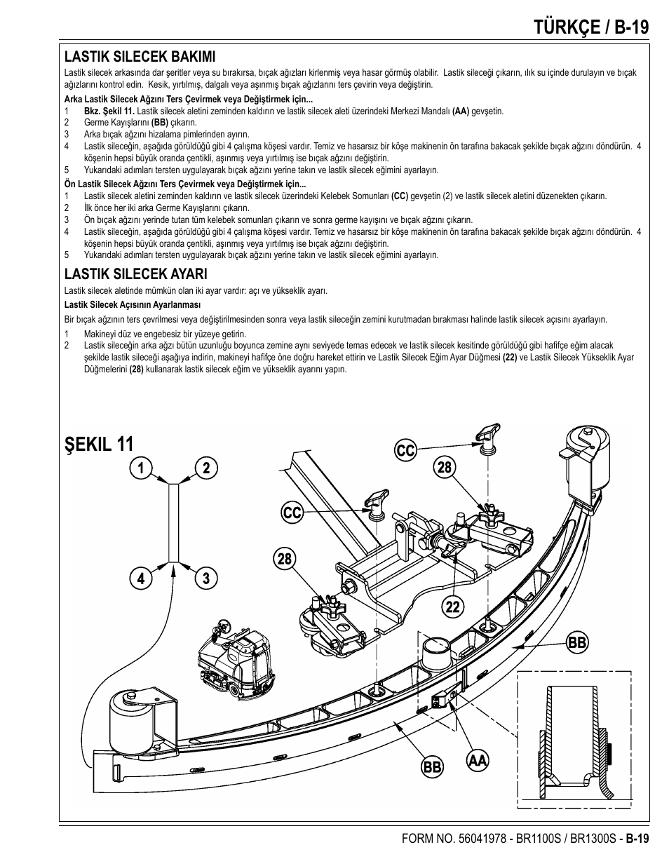 Türkçe / b-19, Şekil, Lastik silecek bakimi | Lastik silecek ayari | Nilfisk-Advance America ECOFLEX BR1100S User Manual | Page 43 / 50