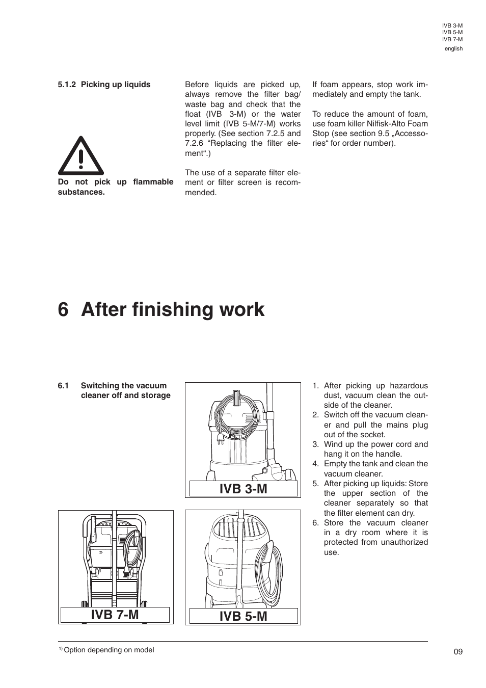 6 after finishing work, Ivb 7-m ivb 5-m ivb 3-m | Nilfisk-Advance America IVB 7-M User Manual | Page 11 / 18