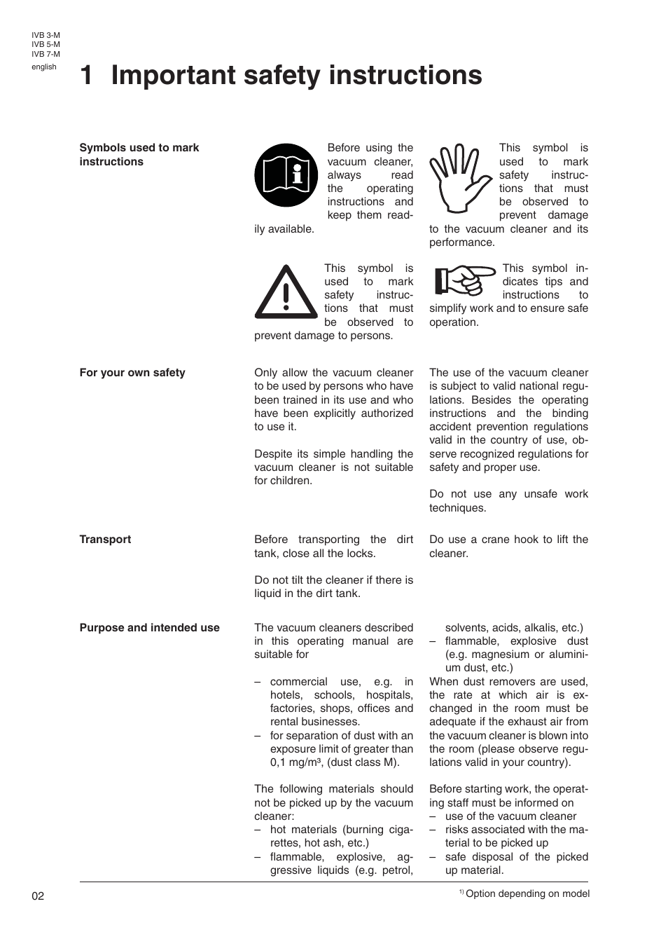 1 important safety instructions | Nilfisk-Advance America IVB 7-M User Manual | Page 4 / 18