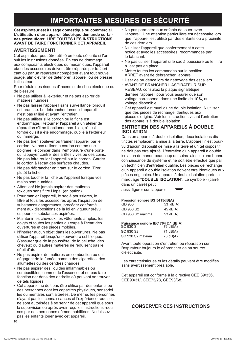 Importantes mesures de sécurité | Nilfisk-Advance America GD 930 User Manual | Page 10 / 32