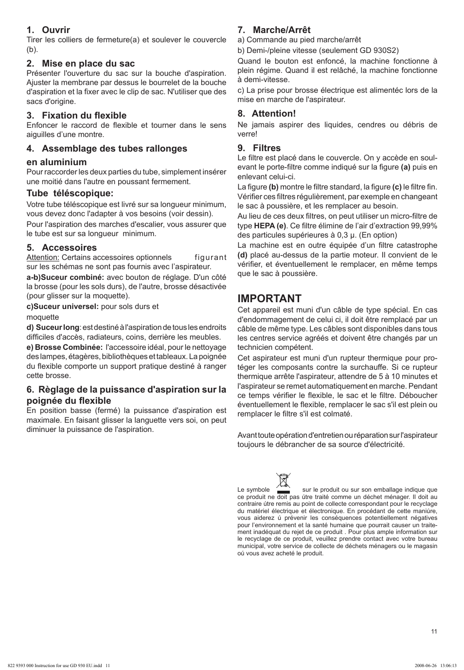 Important | Nilfisk-Advance America GD 930 User Manual | Page 11 / 32