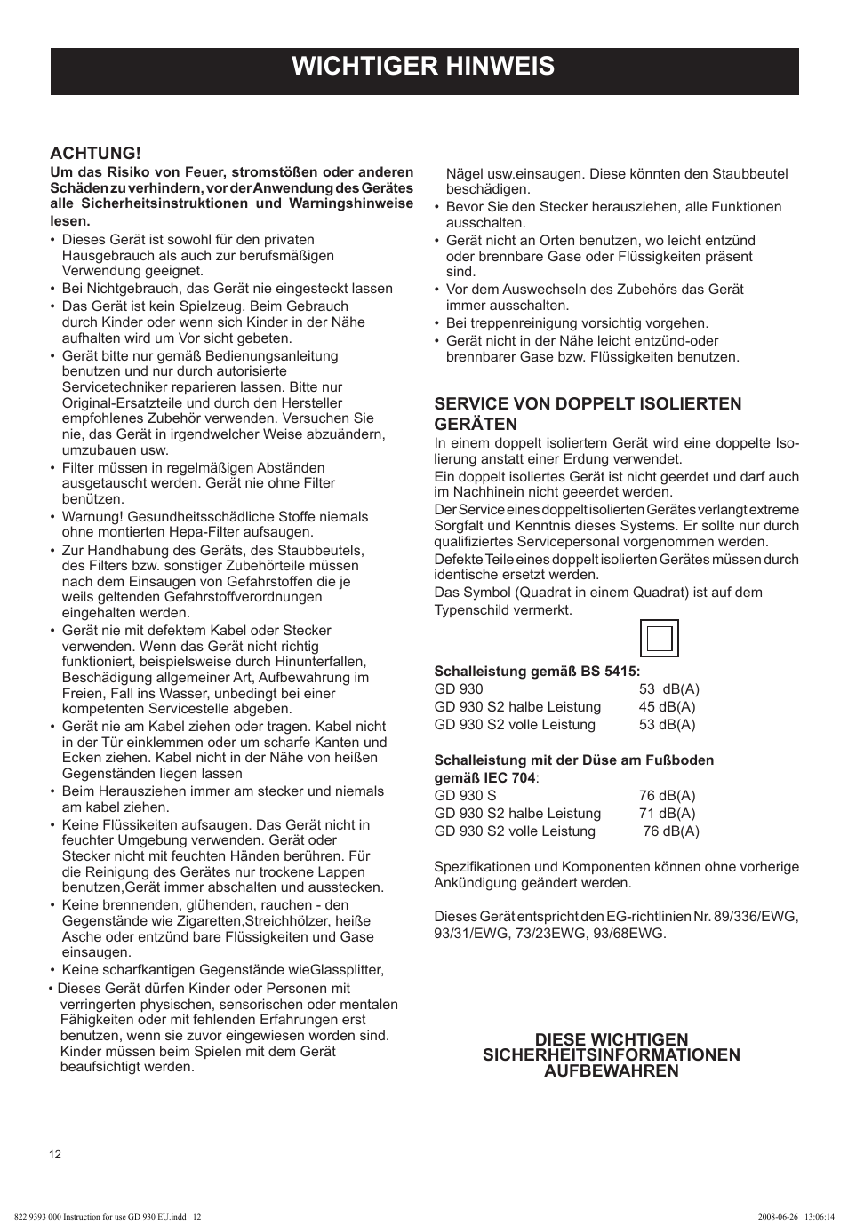 Wichtiger hinweis | Nilfisk-Advance America GD 930 User Manual | Page 12 / 32