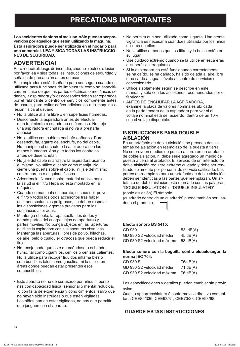 Precations importantes, Advertencia | Nilfisk-Advance America GD 930 User Manual | Page 14 / 32