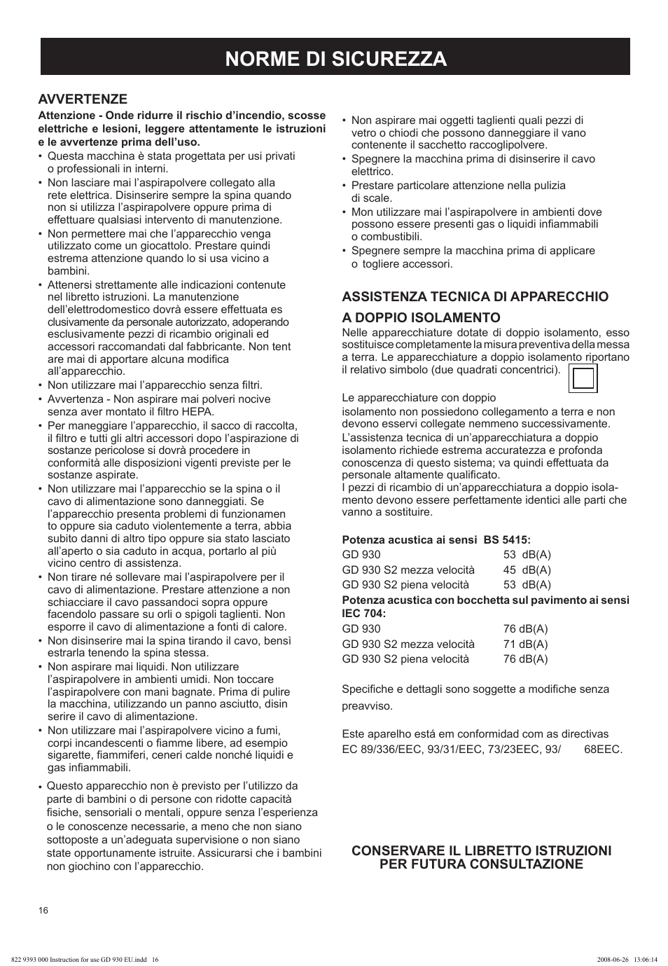 Norme di sicurezza | Nilfisk-Advance America GD 930 User Manual | Page 16 / 32
