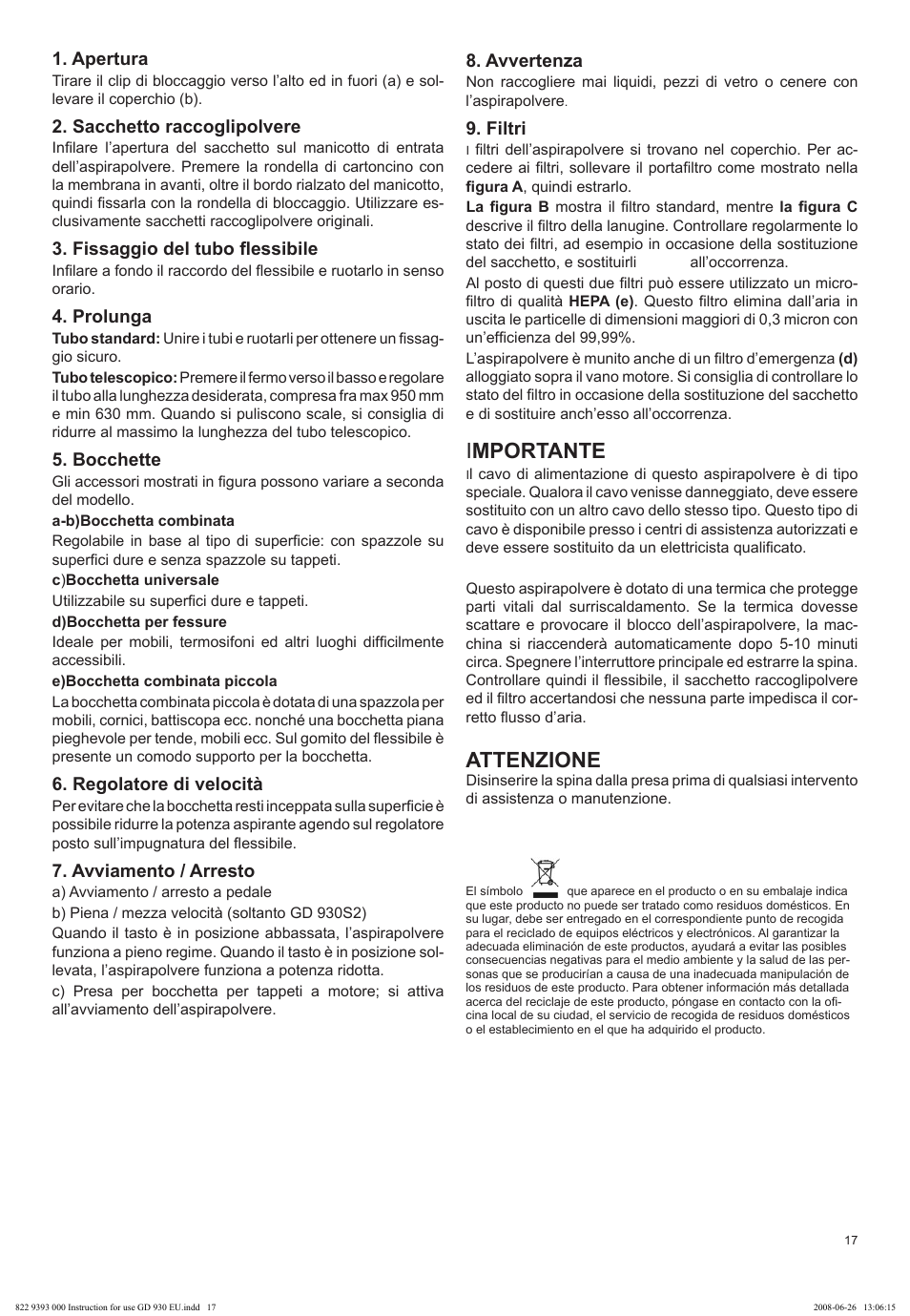 Importante, Attenzione | Nilfisk-Advance America GD 930 User Manual | Page 17 / 32