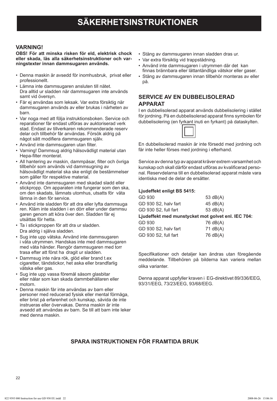 Säkerhetsinstruktioner | Nilfisk-Advance America GD 930 User Manual | Page 22 / 32