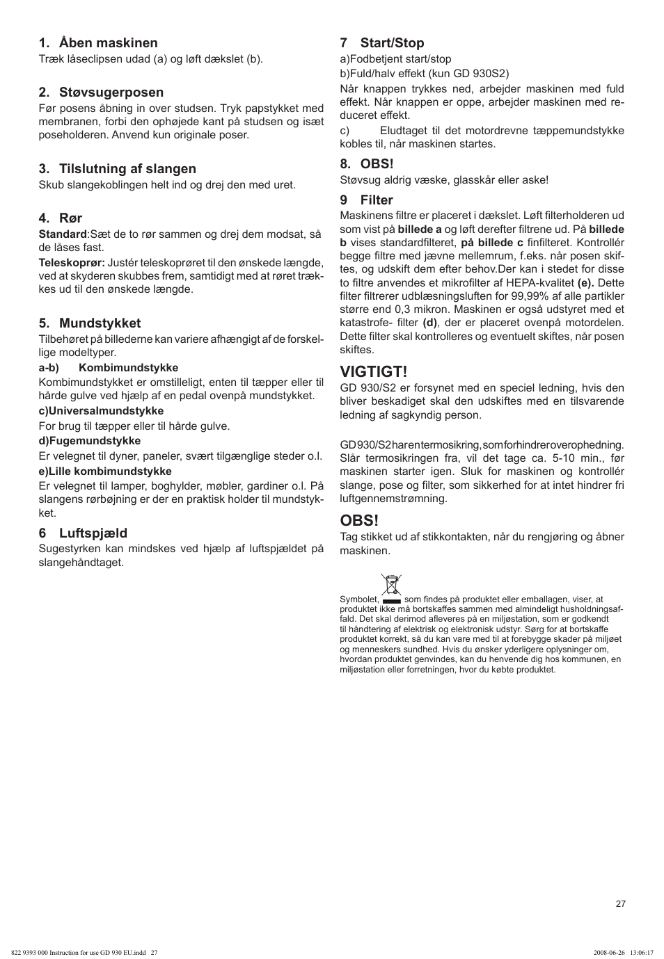 Vigtigt | Nilfisk-Advance America GD 930 User Manual | Page 27 / 32