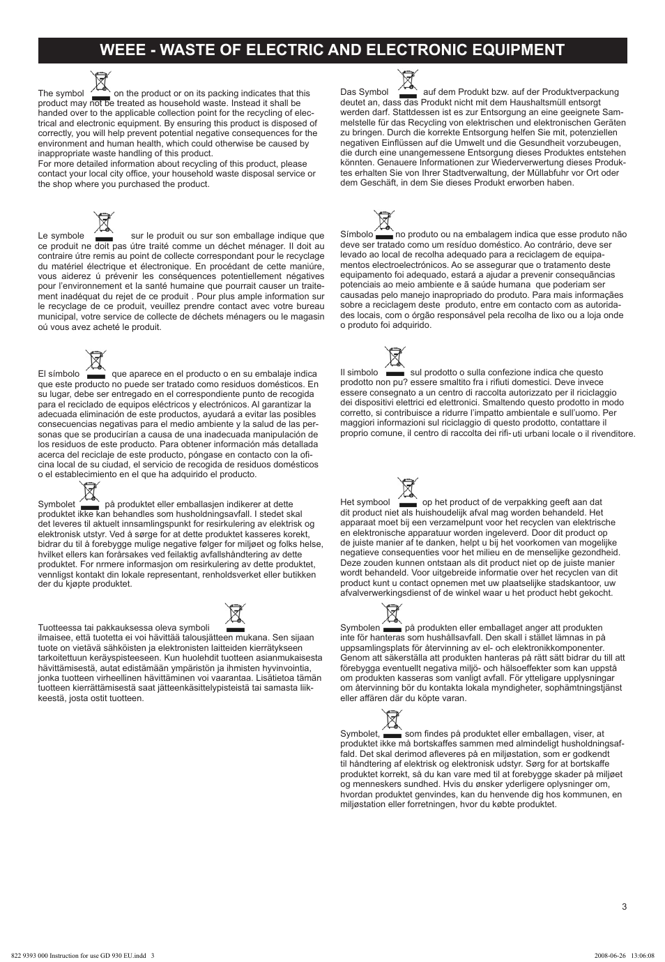 Weee - waste of electric and electronic equipment | Nilfisk-Advance America GD 930 User Manual | Page 3 / 32