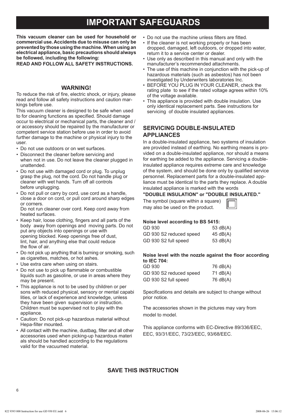 Important safeguards | Nilfisk-Advance America GD 930 User Manual | Page 6 / 32