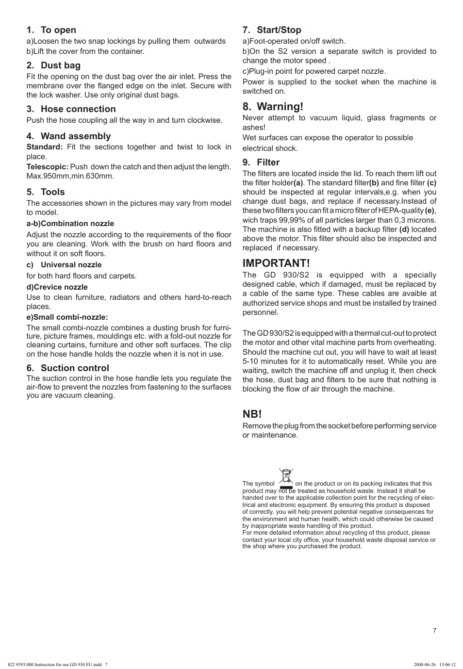 Warning, Important | Nilfisk-Advance America GD 930 User Manual | Page 7 / 32