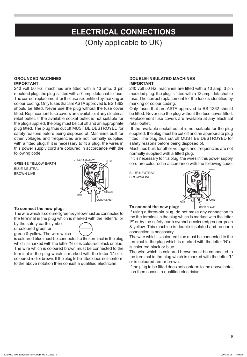 Electrical connections (only applicable to uk) | Nilfisk-Advance America GD 930 User Manual | Page 9 / 32