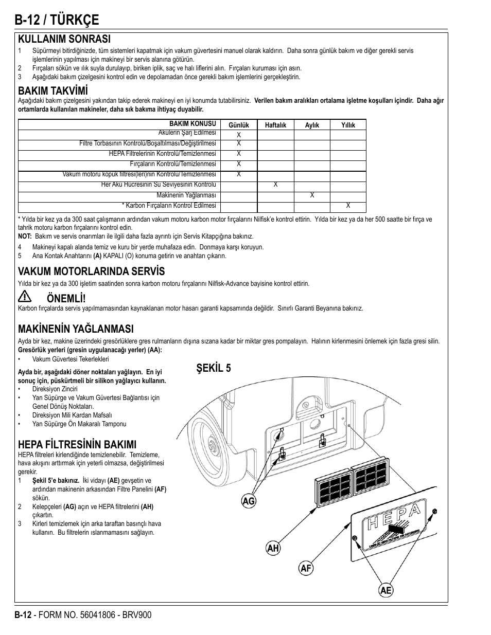 B-12 / türkçe, Kullanim sonrasi, Bakim takvimi | Vakum motorlarinda servis, Önemli, Makinenin yağlanmasi, Hepa filtresinin bakimi, Şekil 5 | Nilfisk-Advance America BRV 900 User Manual | Page 26 / 32