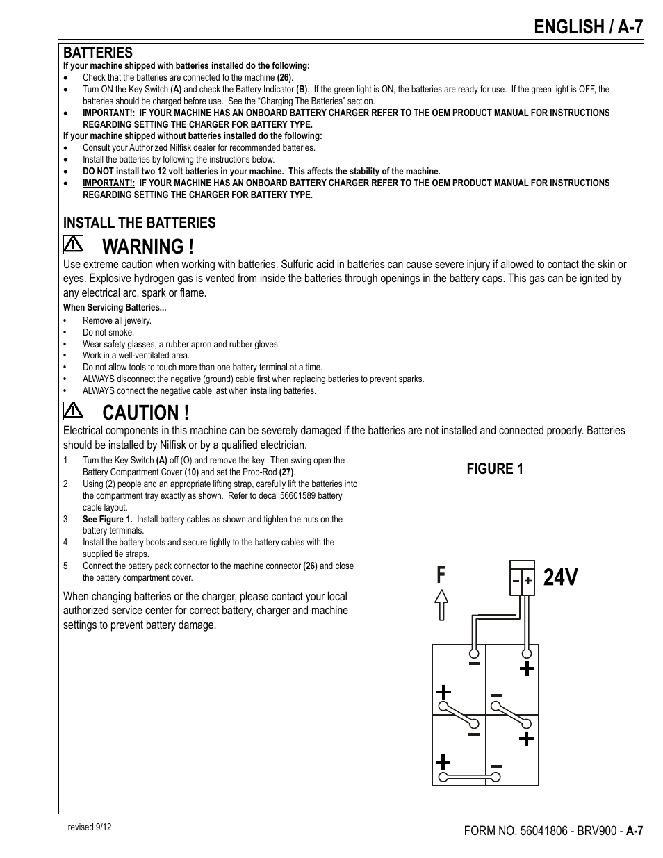 Warning, Caution, English / a-7 | Batteries, Install the batteries, Figure 1 | Nilfisk-Advance America BRV 900 User Manual | Page 7 / 32