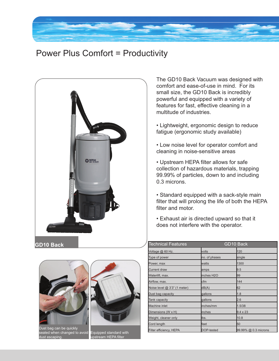 Gd10 back 3, Power plus comfort = productivity, Gd10 back | Nilfisk-Advance America CFM GD10 User Manual | Page 2 / 4