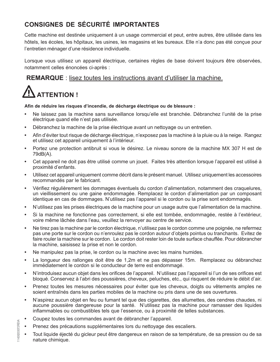 Consignes de sécurité importantes | Nilfisk-Advance America MX 307 H User Manual | Page 11 / 72