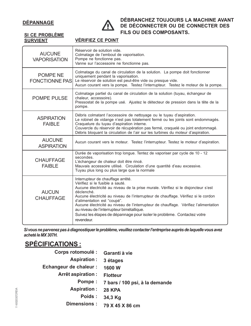 Spécifications | Nilfisk-Advance America MX 307 H User Manual | Page 17 / 72