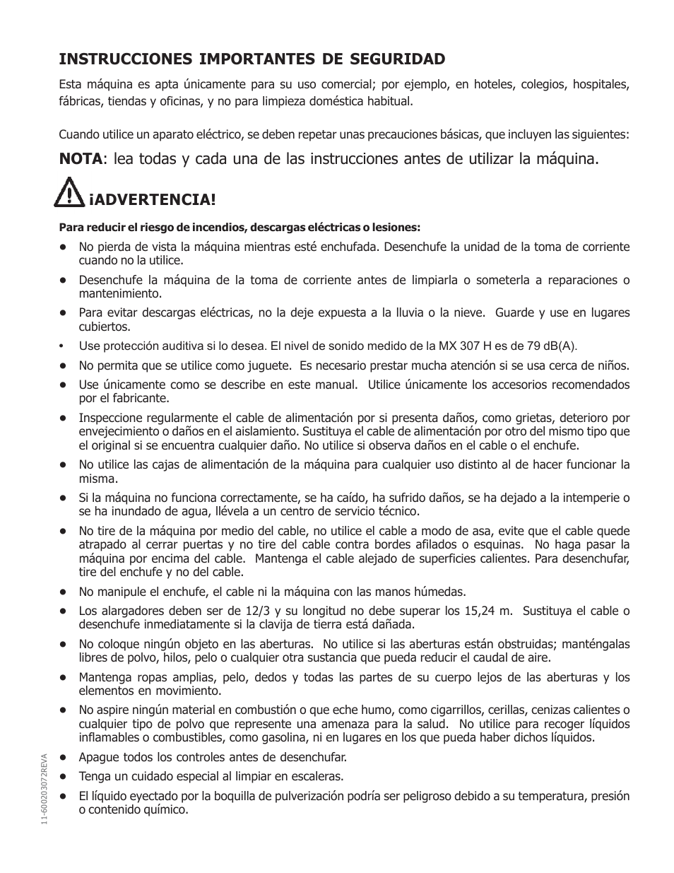 Instrucciones importantes de seguridad | Nilfisk-Advance America MX 307 H User Manual | Page 20 / 72