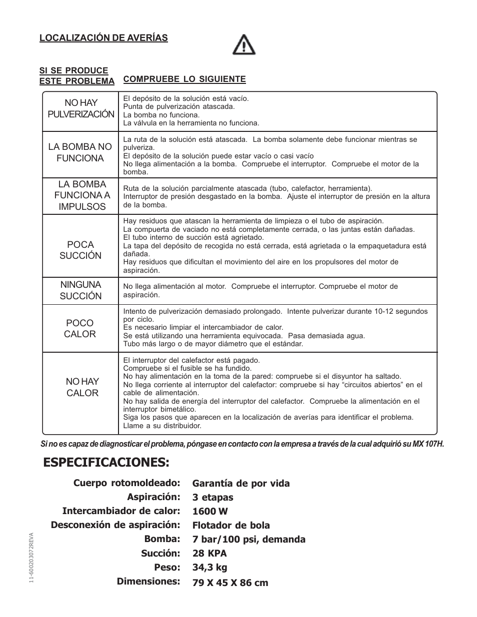 Especificaciones | Nilfisk-Advance America MX 307 H User Manual | Page 26 / 72