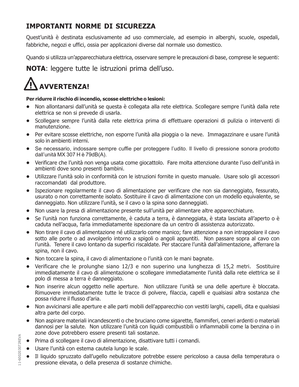 Importanti norme di sicurezza | Nilfisk-Advance America MX 307 H User Manual | Page 29 / 72