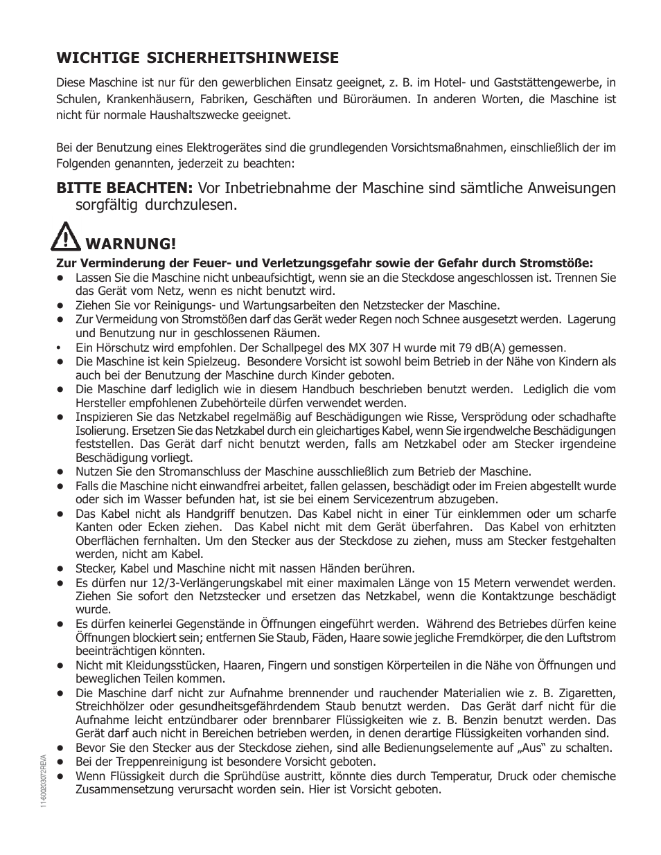 Wichtige sicherheitshinweise | Nilfisk-Advance America MX 307 H User Manual | Page 38 / 72