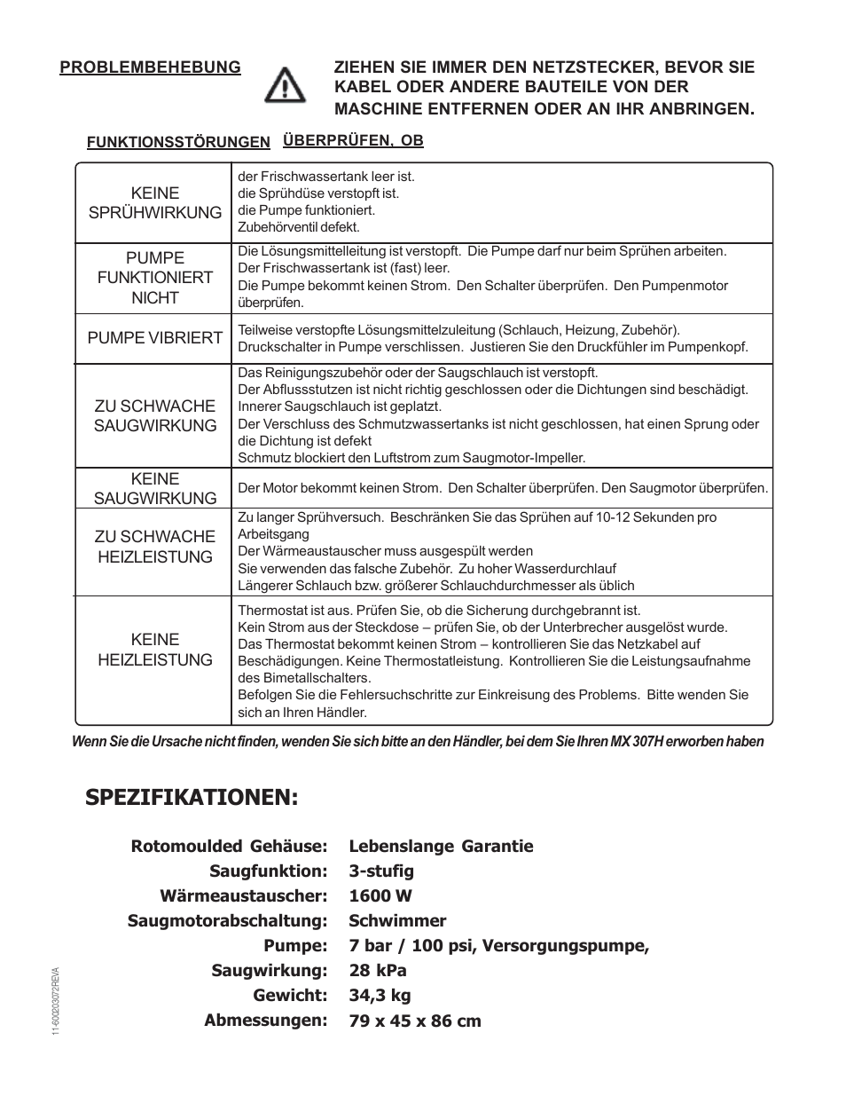 Spezifikationen | Nilfisk-Advance America MX 307 H User Manual | Page 44 / 72