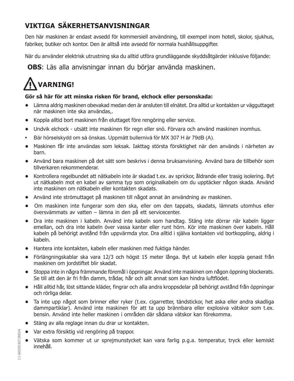 Viktiga säkerhetsanvisningar | Nilfisk-Advance America MX 307 H User Manual | Page 47 / 72