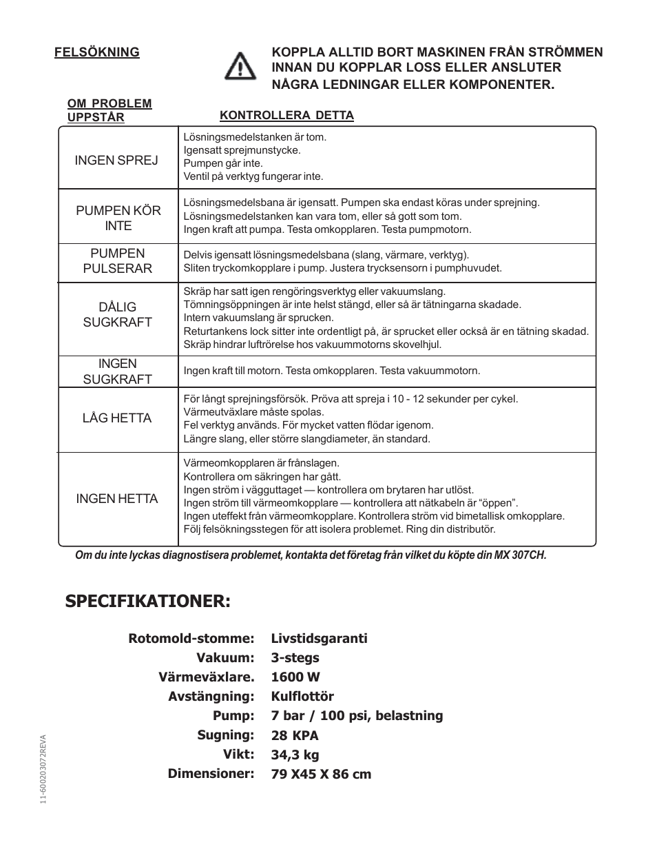 Specifikationer | Nilfisk-Advance America MX 307 H User Manual | Page 53 / 72