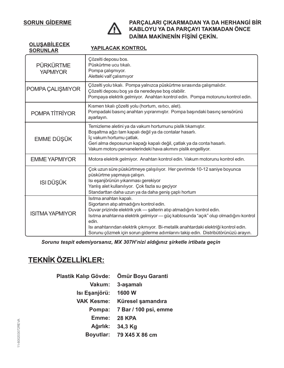 Teknýk özellýkler | Nilfisk-Advance America MX 307 H User Manual | Page 62 / 72