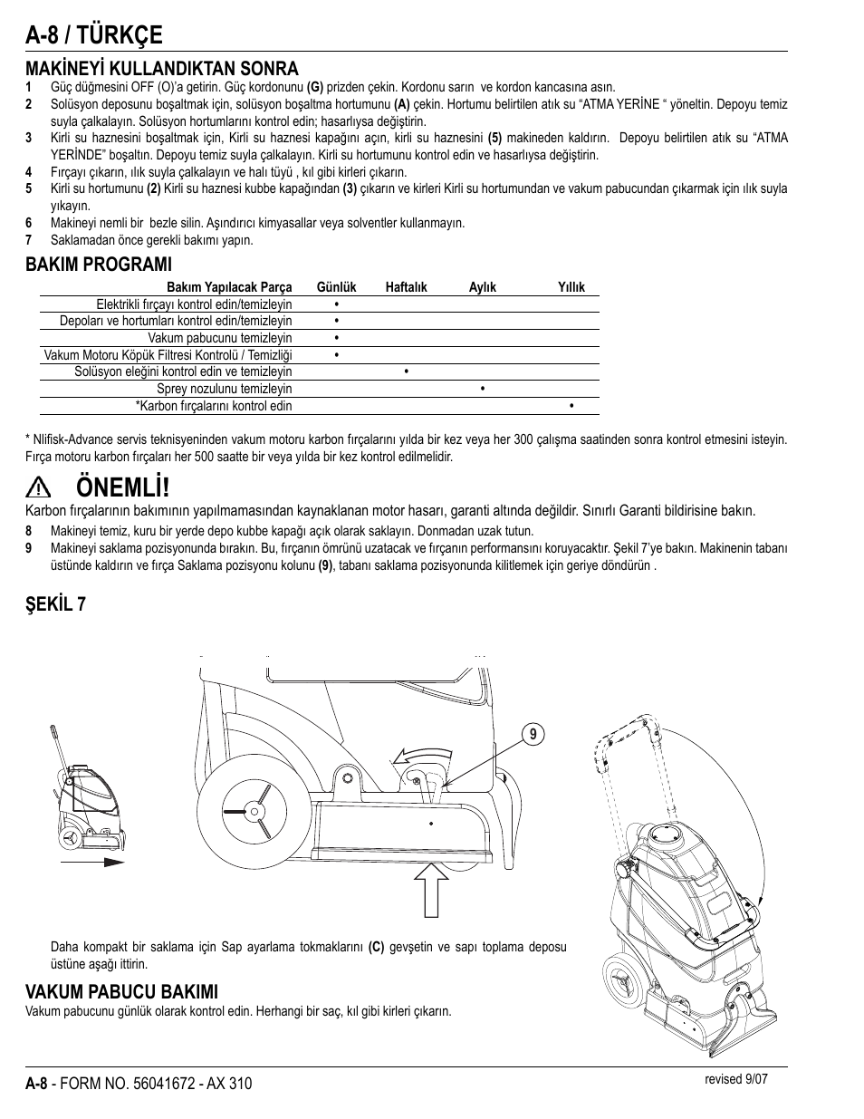 Önemli, A-8 / türkçe, Makineyi kullandiktan sonra | Bakim programi, Şekil 7, Vakum pabucu bakimi | Nilfisk-Advance America NILFISK AX 310 User Manual | Page 10 / 28