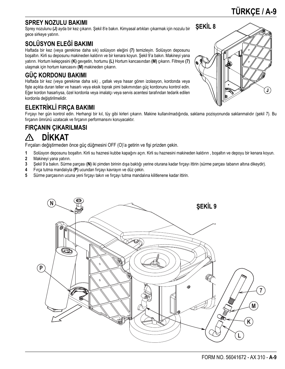 Dikkat, Türkçe / a-9 | Nilfisk-Advance America NILFISK AX 310 User Manual | Page 11 / 28